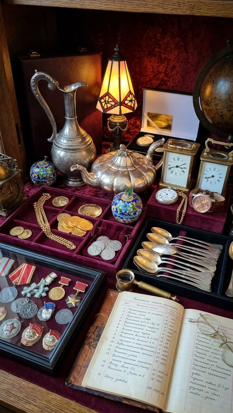 Silver, coins, watches, badges and an old ledger on burgundy velvet